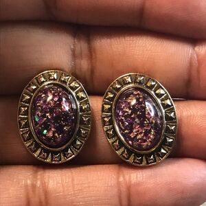 Vintage Gold and Purple Oval Stud Gold Plated Glitter Earrings